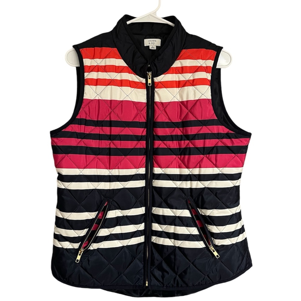 Crown and Ivy women’s quilted vest - bright coral and navy stripe - LARGE